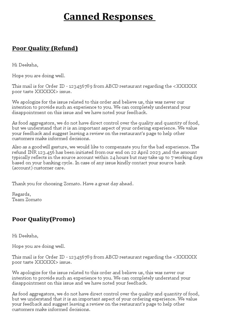 Zomato Canned Responses for Complaints | PDF | Experience | Business