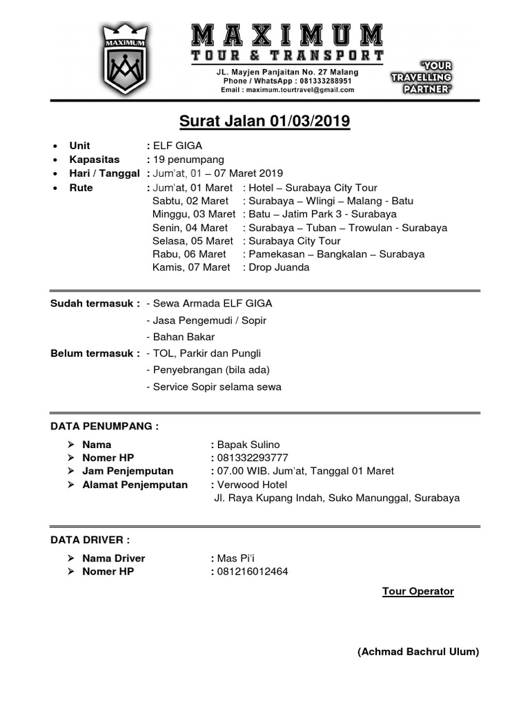 Contoh Surat Jalan Perjalanan Wisata | PDF