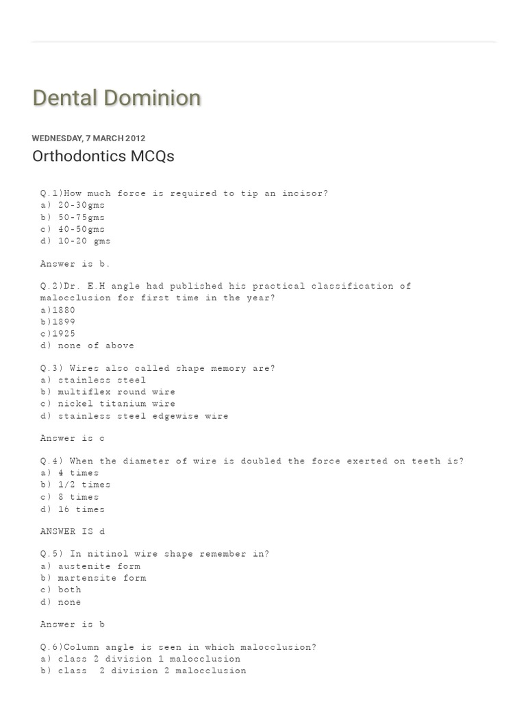 Orthodontics MCQs and Answers Guide | PDF | Human Anatomy | Dental Anatomy