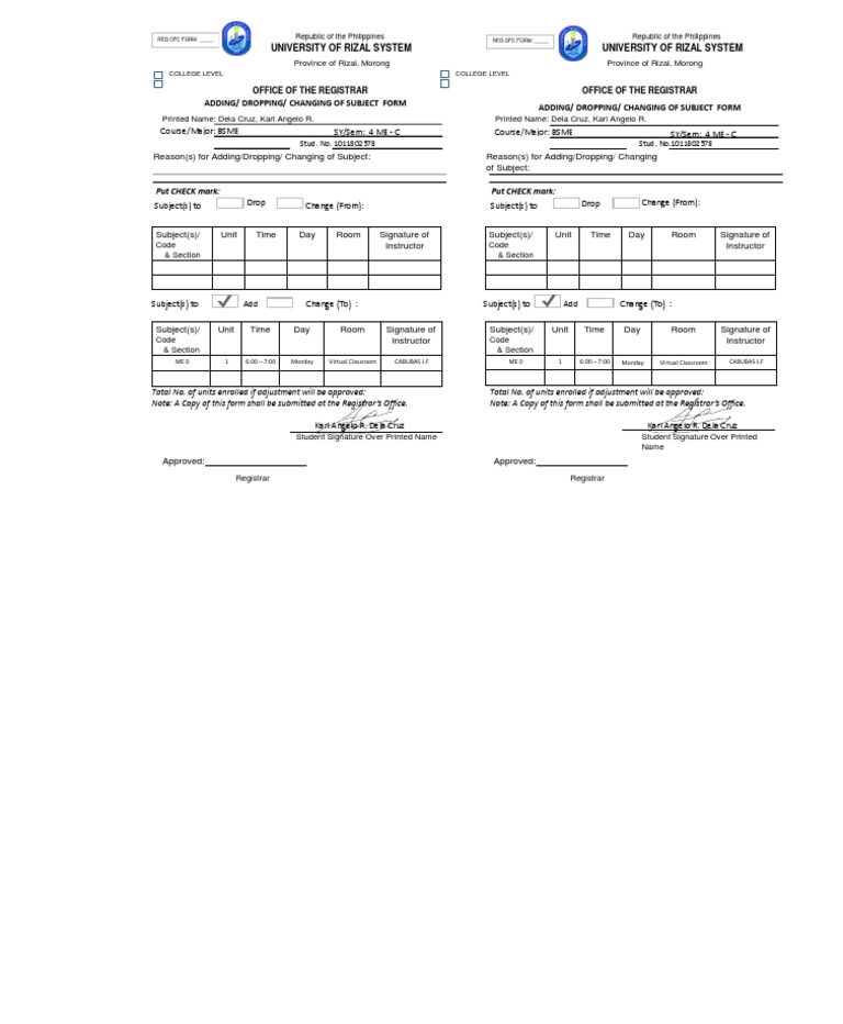 Dropping adding form pdf