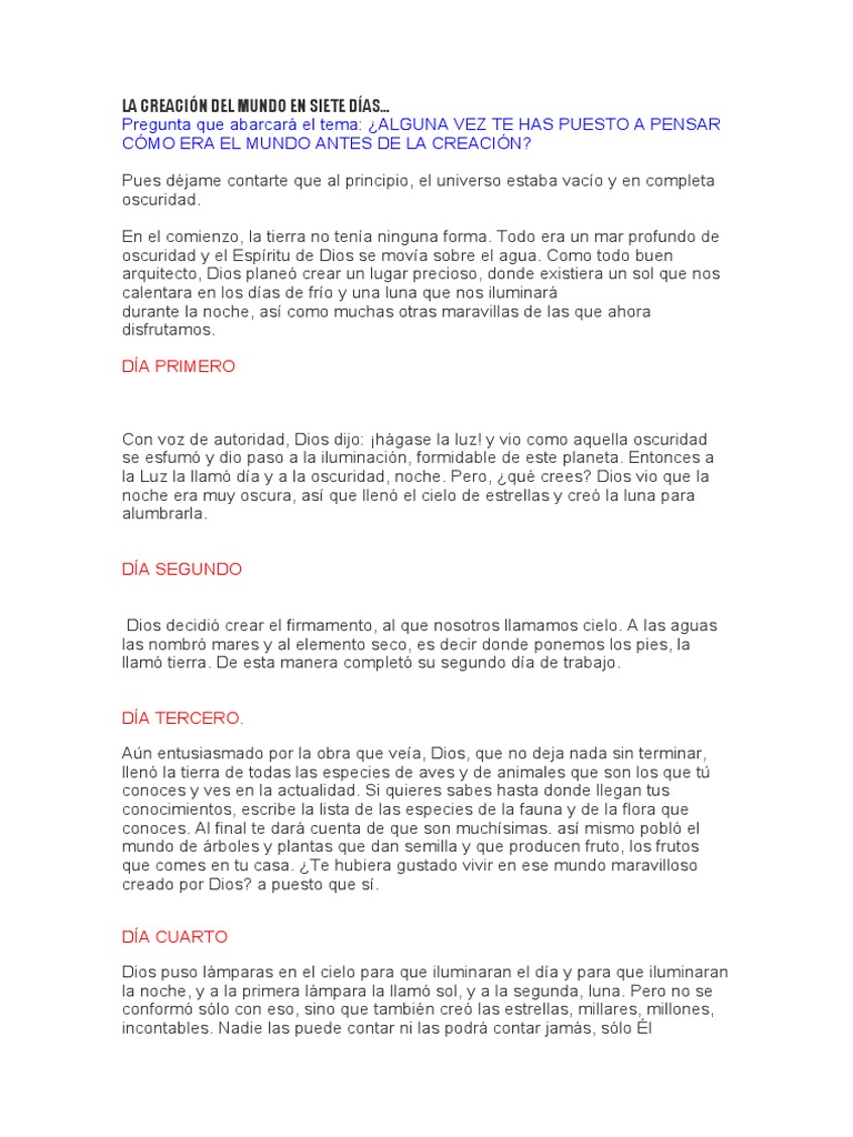 La Creación Del Mundo En Siete Días Pdf Narrativa De La Creación