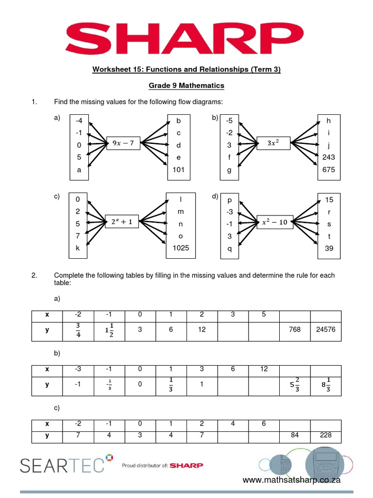 Worksheet 15 functions and relationships grade 9 term 3 pdf