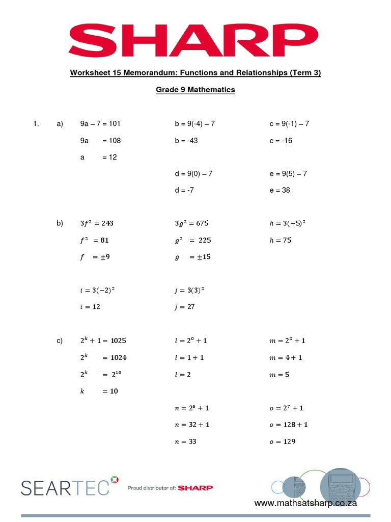 Grade 9 Functions & Relationships Worksheet | PDF | Mathematics ...