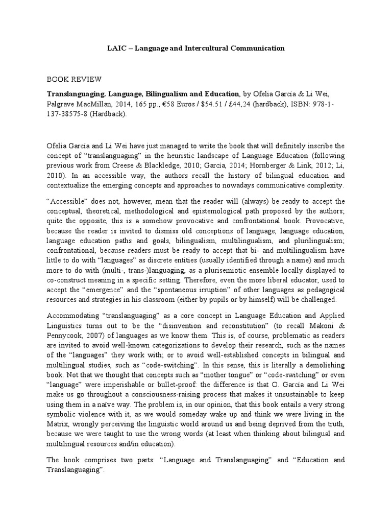 TRANSLANGUAGING LANGUAGE BILINGUALISM AND EDUCATION GARCIA WEI intelligence overview