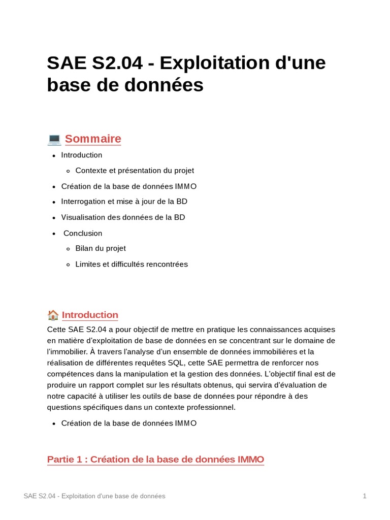 SAE S2.04 - Exploitation Dune Base de Donnes | PDF | Application ...