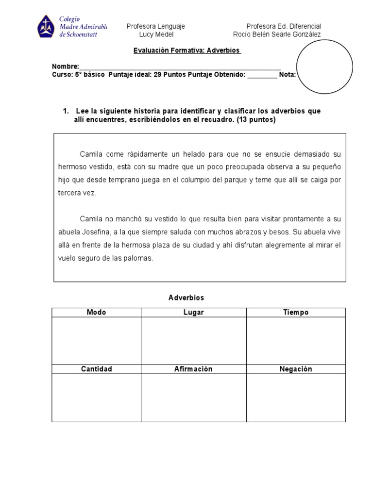 Evaluación de Adverbios para 5° Básico | PDF | Artes del Lenguaje y ...
