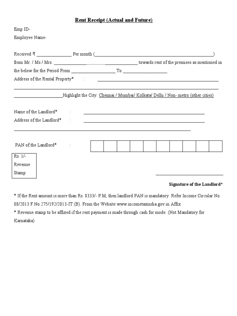Hra rent receipt format actual and future declaration pdf