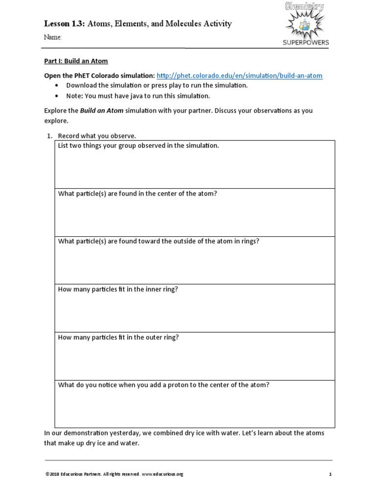sp.1.3.3 Atoms,+Elements+&+Molecules+Activity | PDF | Atoms | Proton