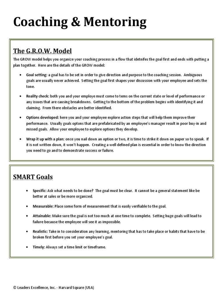 Coaching and Mentoring Quick Reference Sheet PDF Mentorship Goal