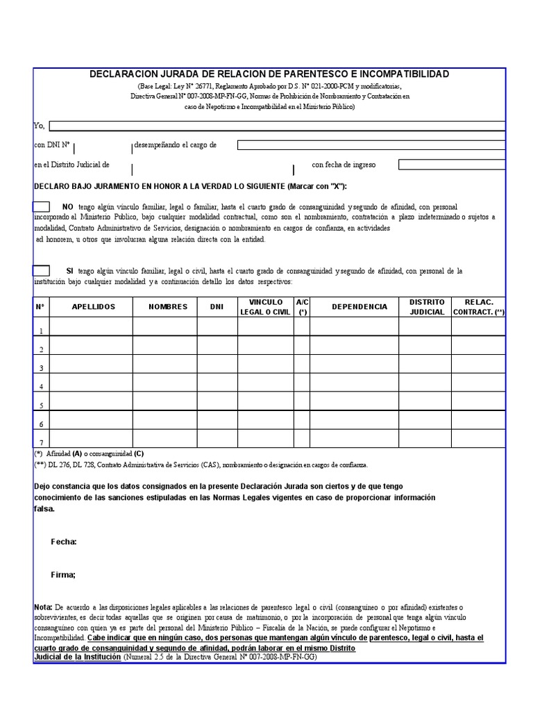 Declaracion Jurada de Relacion de Parentesco E Incompatibilidad | PDF ...