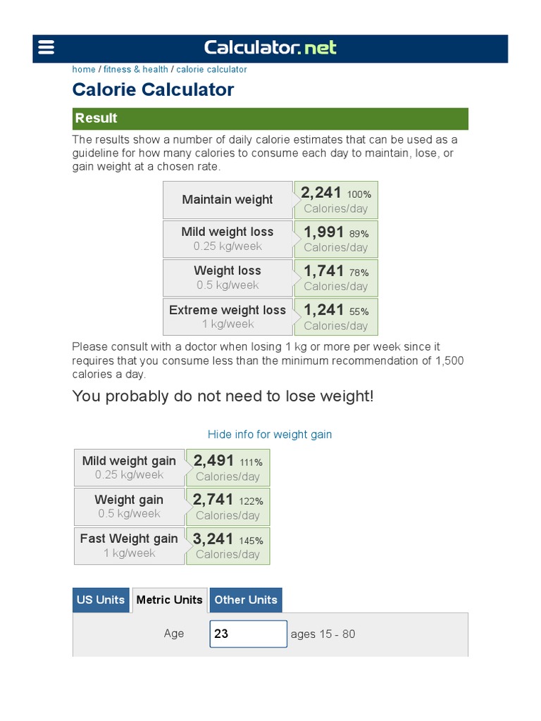 Calorie Calculator | PDF | Dieting | Weight Loss