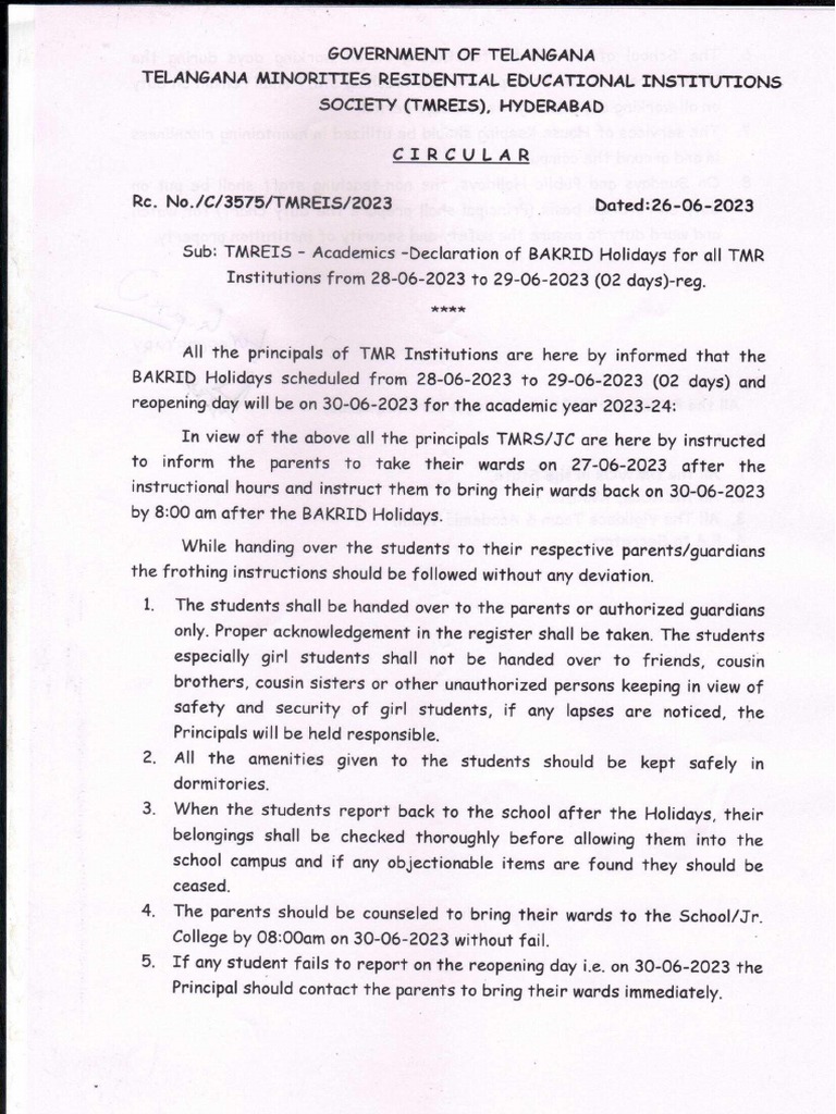 Circular Bakrid Holidays 2023-24 | PDF