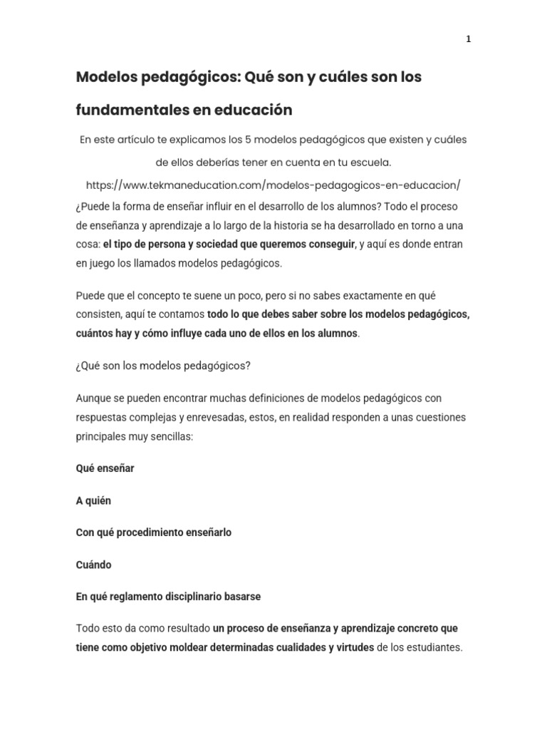 Modelos pedagógicos en educación | PDF | Enseñando | Aprendizaje