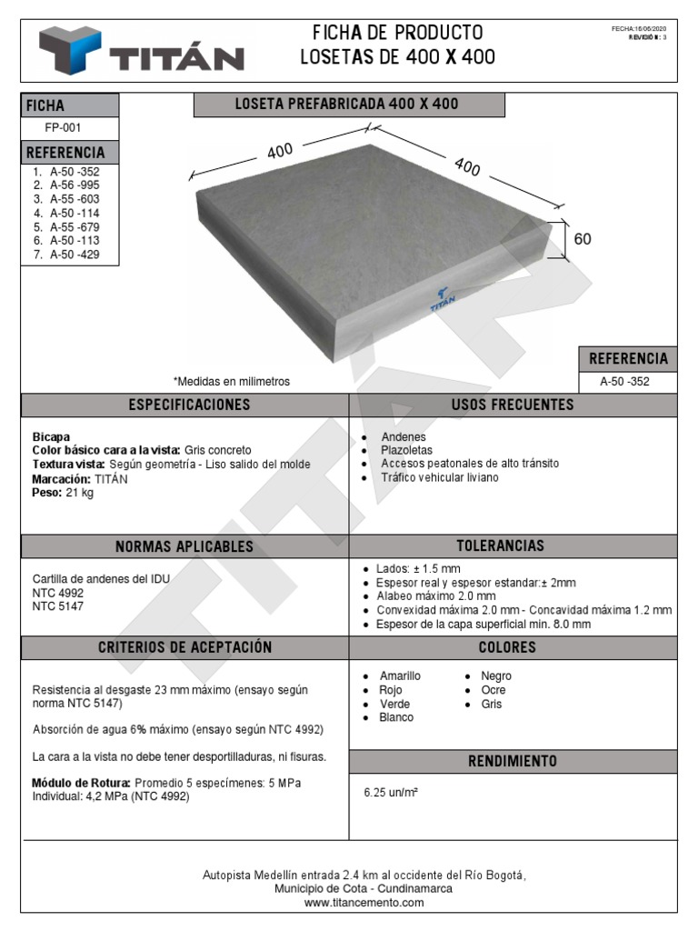Ficha Técnica Losetas 400x400 mm | PDF