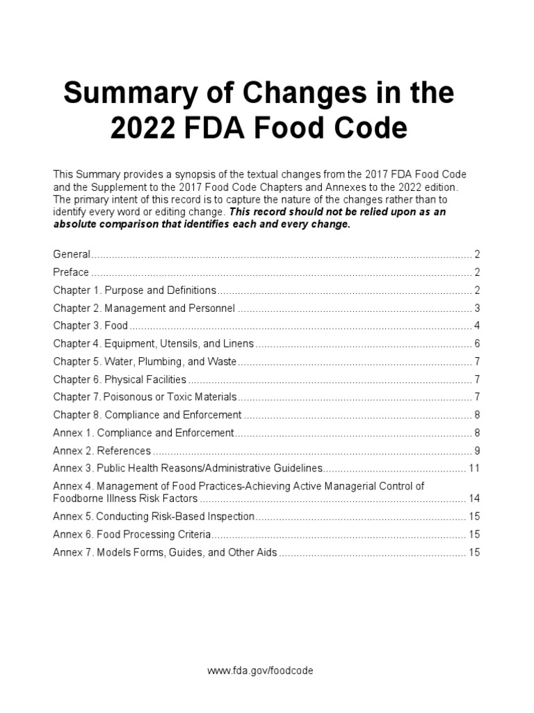 Summary of Changes 2022 Food Code FDA PDF Food And Drug