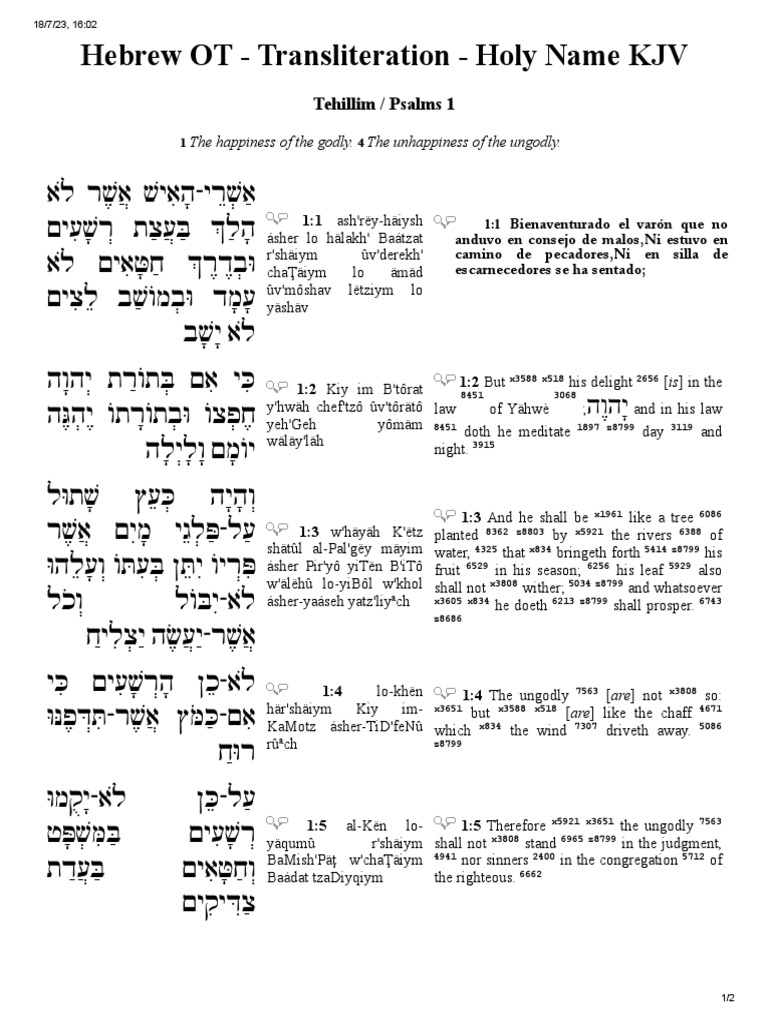 Hebrew OT Transliteration Holy Name KJV Tehillim / Psalms 1 PDF