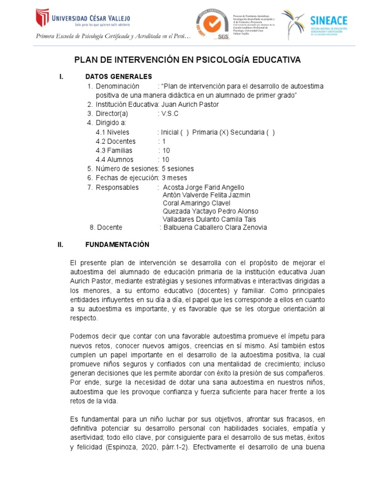 Plan de Intervención - Grupo 7.Docx | PDF | Autoestima | Enseñando