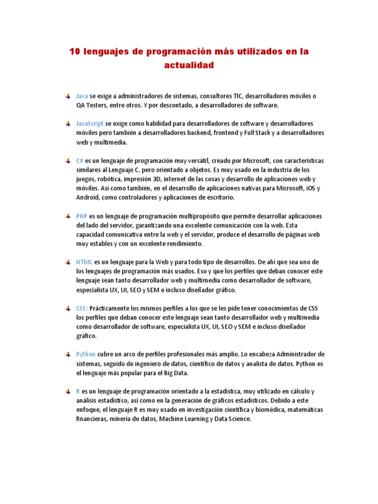 10 Lenguajes de Programación Más Utilizados en La Actualidad | PDF ... 