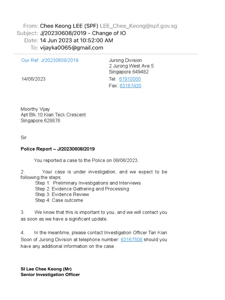 Police Report Update: Case J/20230608/2019 | PDF