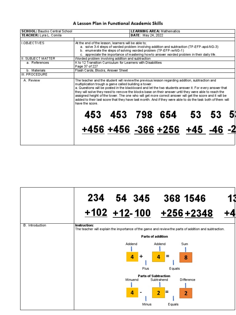 A lesson plan in functional academic skills cot pdf subtraction