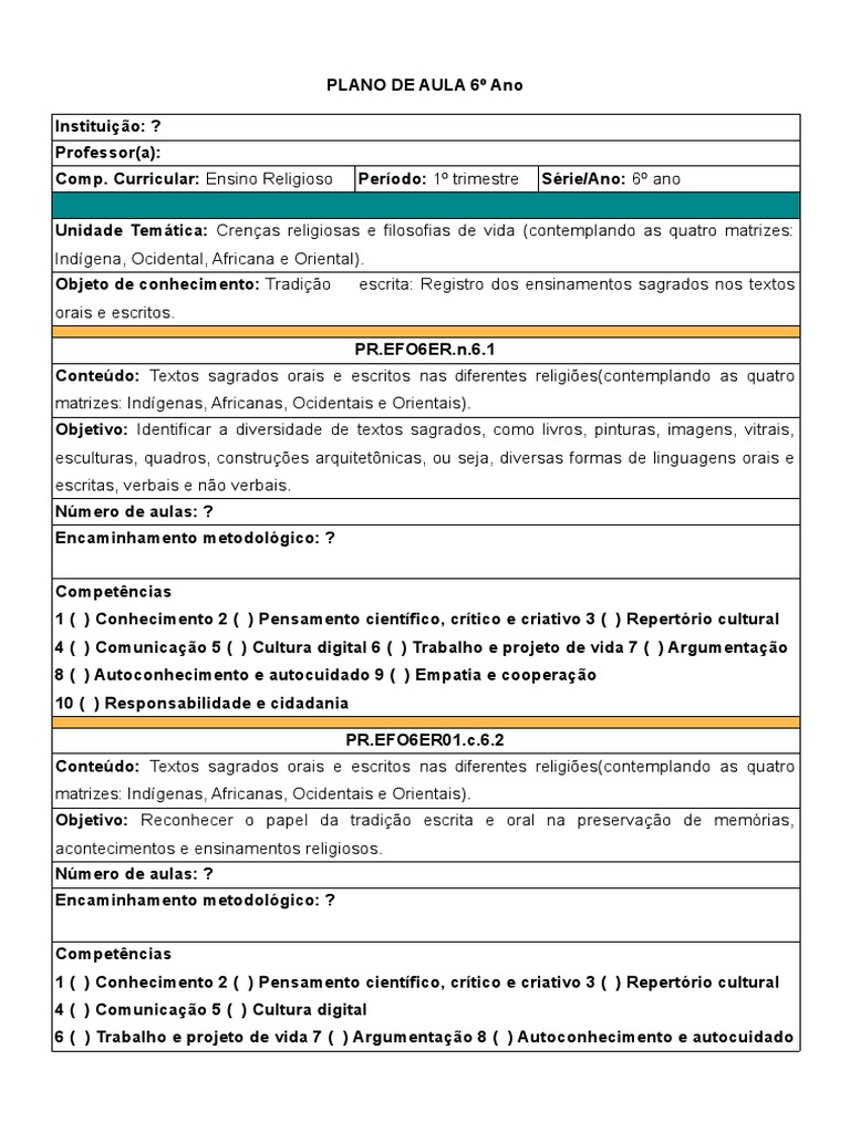 PLano de Aula ENSINO RELIGIOSO 1 e 2 Trimestre | PDF | Conhecimento ...
