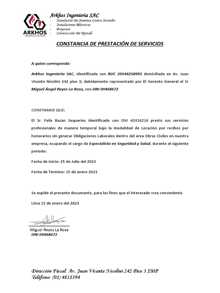 Constancia de Prestación de Servicios Felix Bazan | PDF