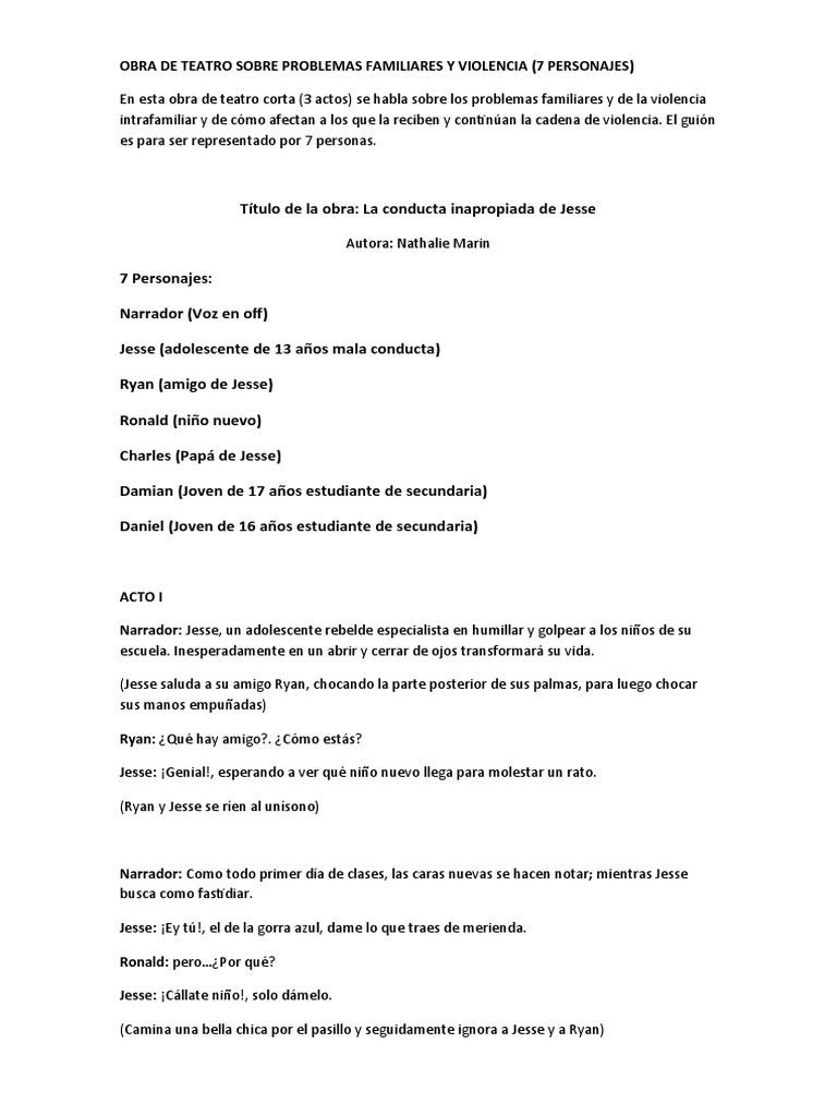 Obra De Teatro Sobre Problemas Familiares Y Violencia Pdf