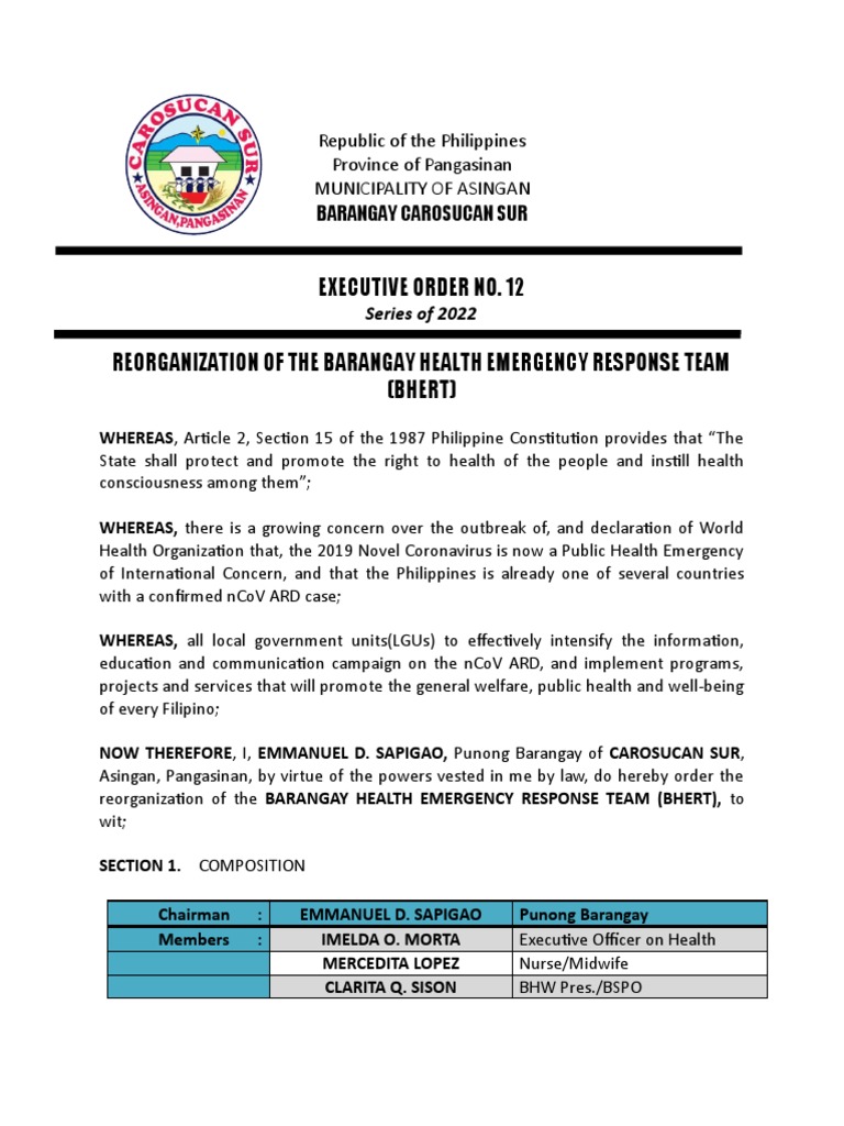 Barangay Health Emergency Response Team Executive Order PDF