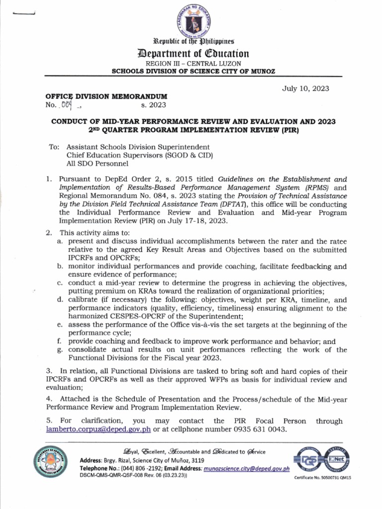 Odm No. 004 S. 2023 Conduct of Mid Year Performance Review and