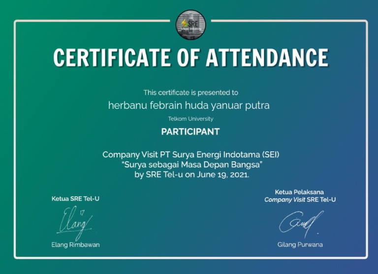 SERTIFIKAT COMPANY VISIT PT Surya Energi Indotama (SEI) X SRE Tel-U ...