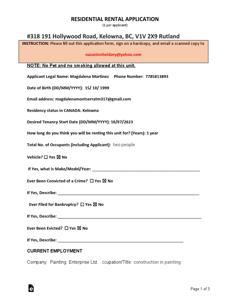 BC Residential Rental Application Form | PDF | Landlord | Natural ...