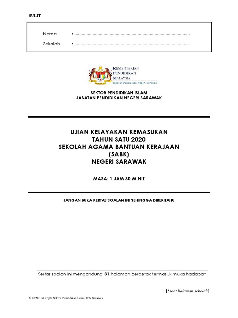 Ujian Kelayakan Kemasukan Tahun Satu 2020 Sekolah Agama Bantuan ...