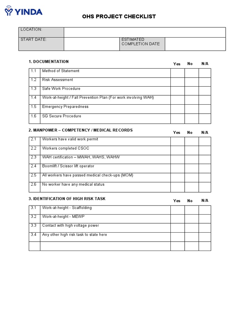 OHS Project Safety Checklist | PDF