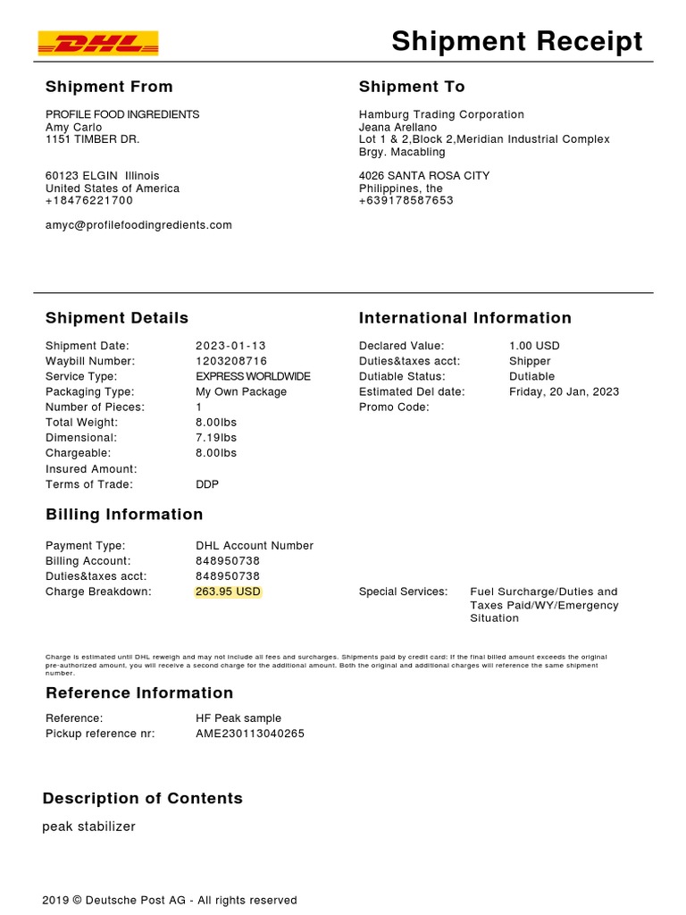 DHL Shipment Receipt PDF Fee Trade
