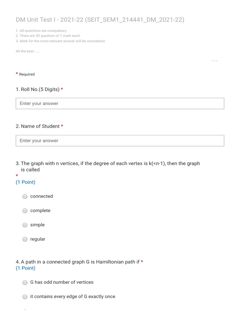 Discrete Mathematics Unit Test 2021-22 | PDF | Vertex (Graph Theory ...
