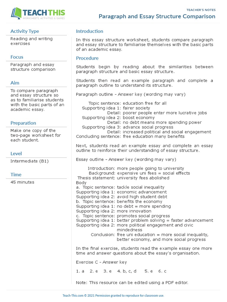 1 Paragraph and Essay Structure Comparison Worksheet | PDF | Essays ...