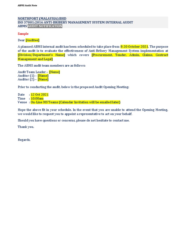 ABMS Internal Audit Notification | PDF | Finance & Money Management