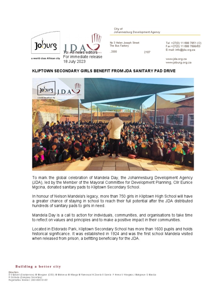 Kliptown Secondary Girls Benefit From Jda Sanitary Pad Drive | PDF