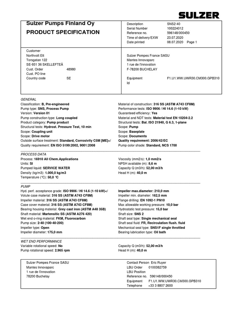 Sulzer SNS2-40 Pump Specifications | PDF | Electric Motor | Screw