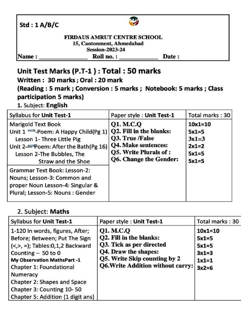 STD 1 Unit Test 1 Syllabus | PDF