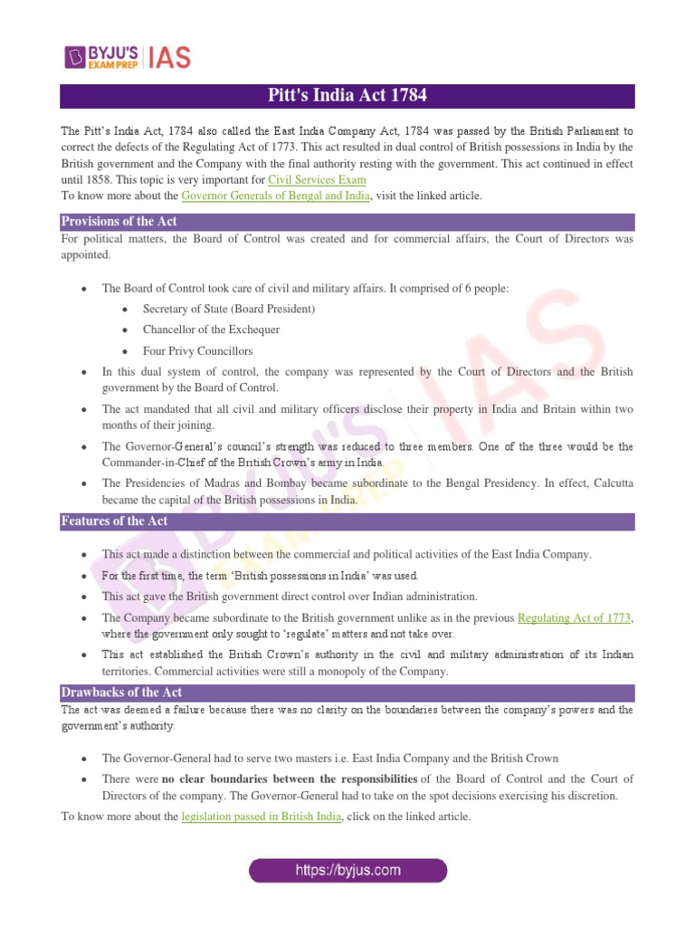 Pitts India Act 1784 PDF Governance Government