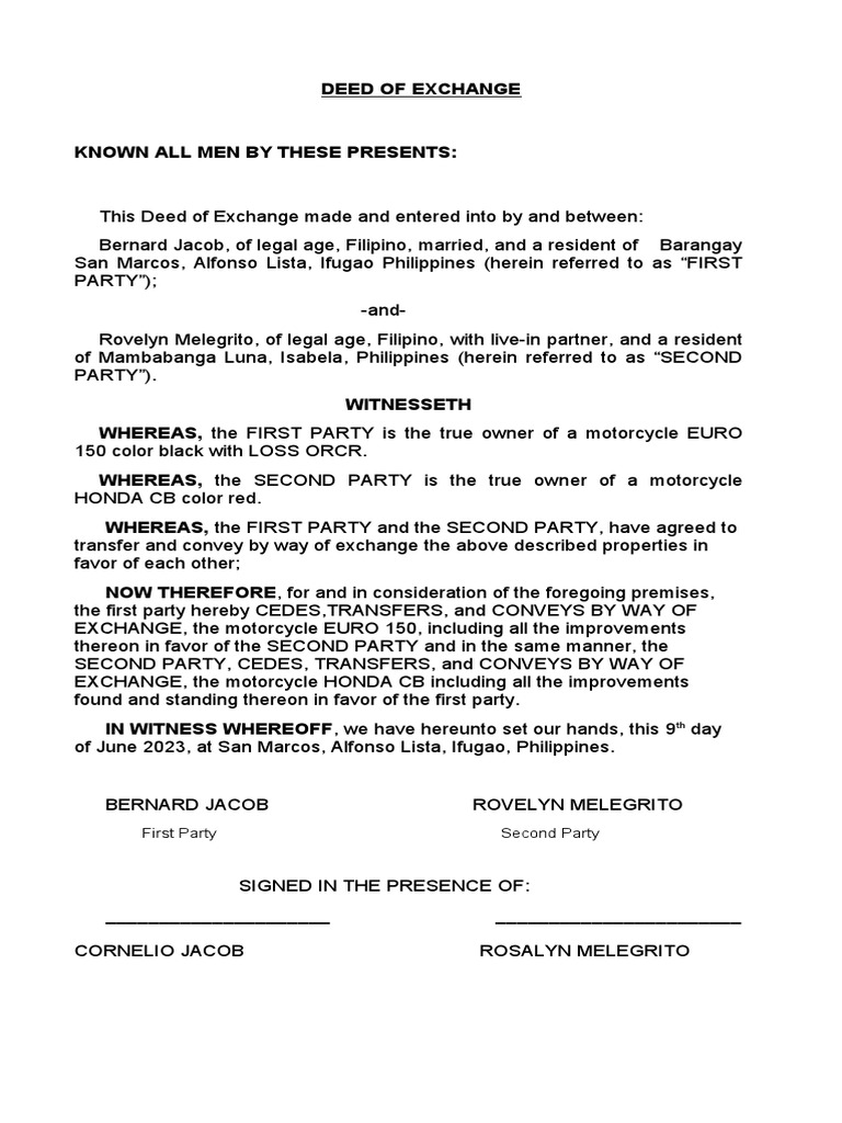 Deed of Exchange Sample PDF