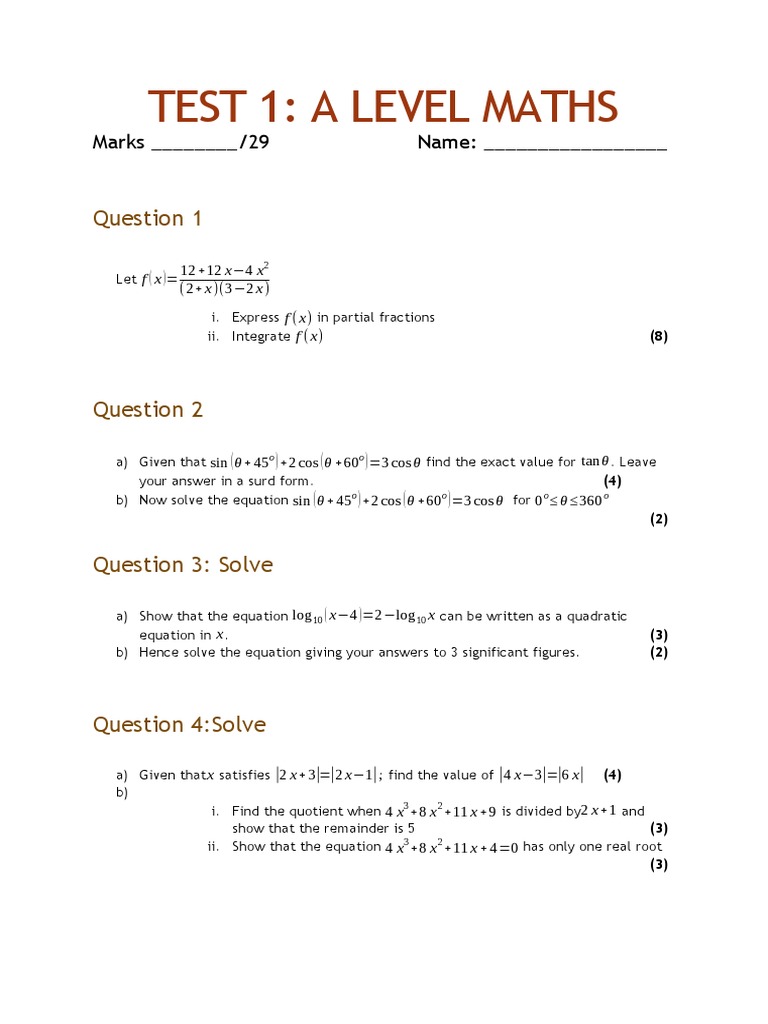 A Level Test 1 PDF