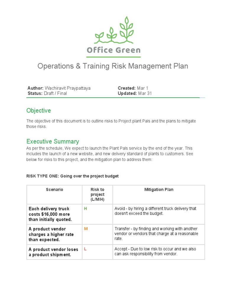 Plant Pals Risk Management Plan | PDF | Risk | Risk Management