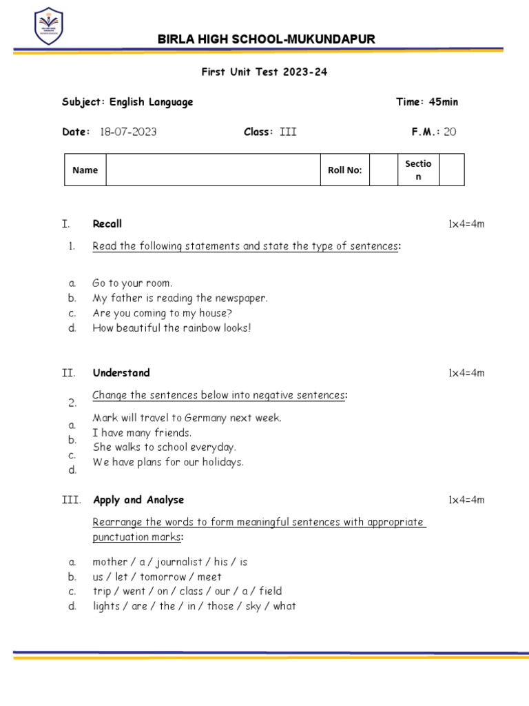 class 6 english 3rd unit test question answer pdf download
