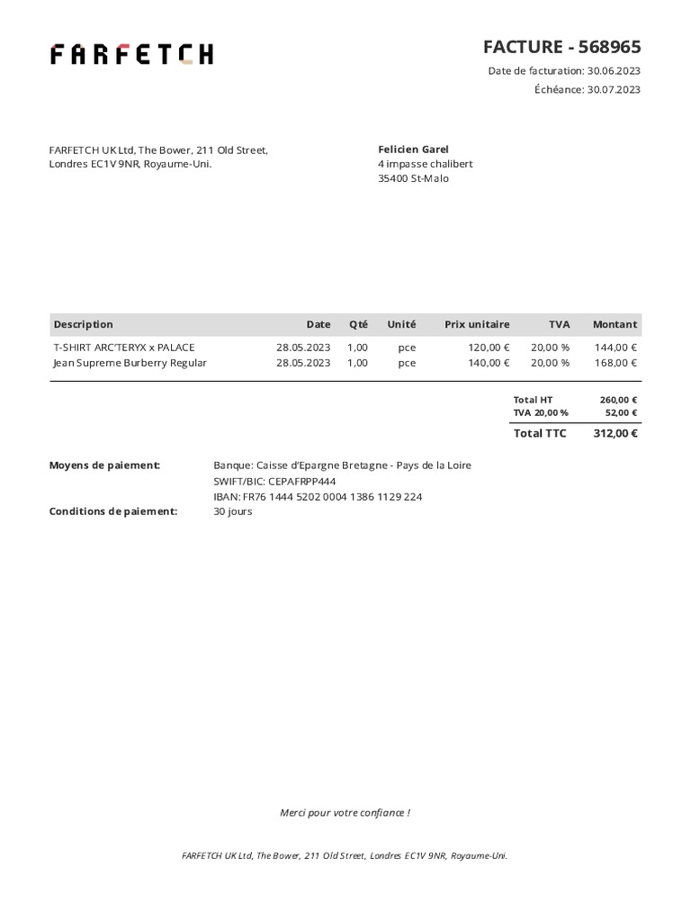Facture FARFETCH - 30.06.2023 | PDF