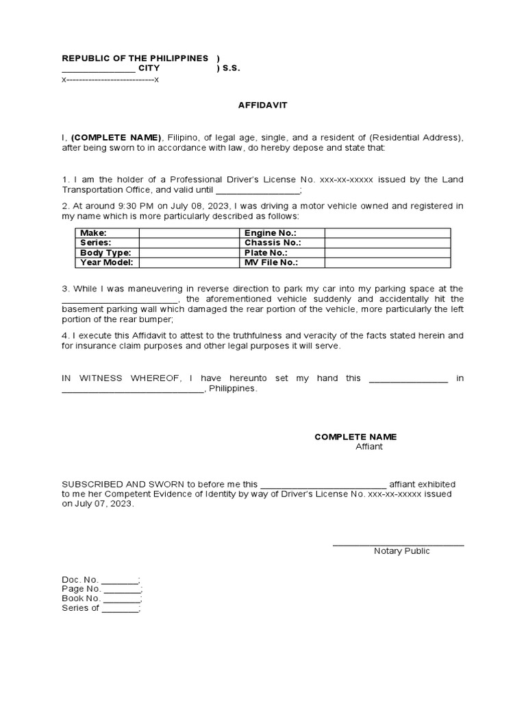 Affidavit of Self-Accident (For Insurance Claim) | PDF