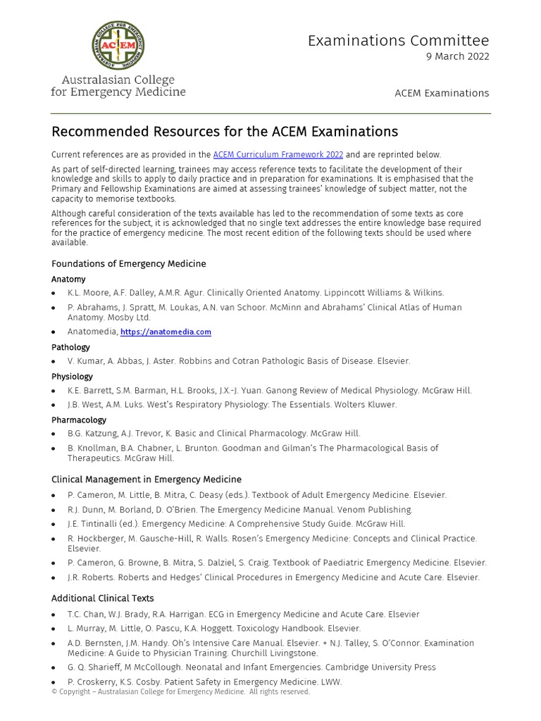 Recommended References For ACEM Examinations 2022 | PDF