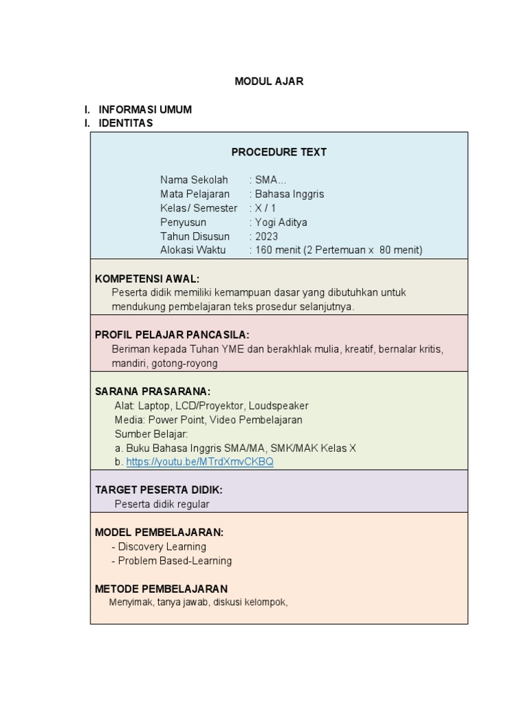 Modul Ajar Kelas X - Procedure Text | PDF