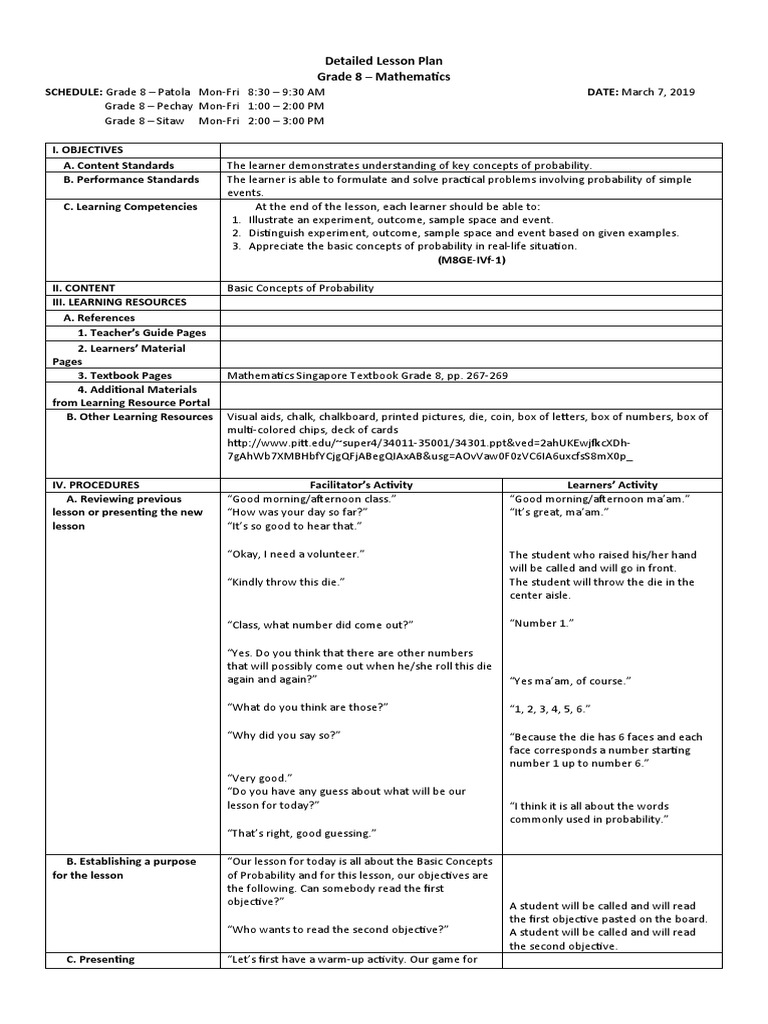 Lesson plan in basic concepts of probability pdf learning probability